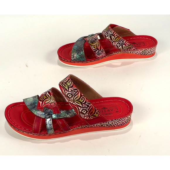 New L'Artiste Spring Step Womens Caiman Leather Wedge Slide Sandals Red 40M 9M - Picture 10 of 13
